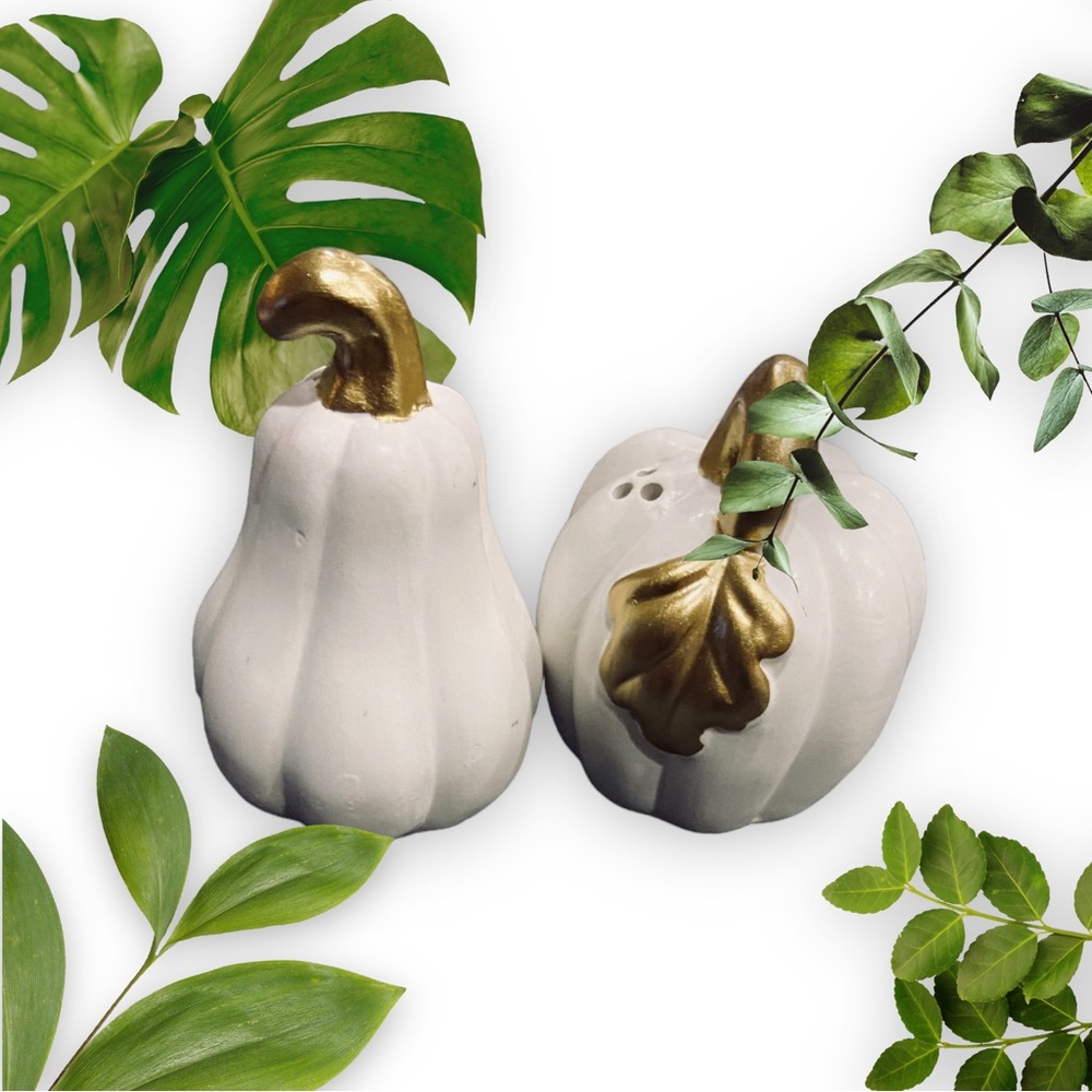 Amici White & Gold Pumpkin Gourd Thirsty Stone Salt and Pepper Shakers NWT - Picture 8 of 11